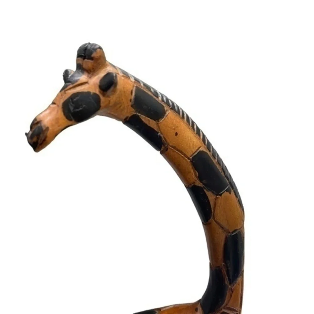 Hand Craved Wooden Giraffe Sculpture on Red Base